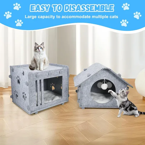 Vista 5 de Casa desmontable de 2 plantas para gatos de interior, camas cubiertas y muebles con acolchado lavable, bonito condominio moderno para mascotas