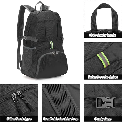 Vista 8 de Yaopeing Mochila ligera, plegable de 25 litros, resistente al agua, bolsa de hombro de viaje al aire libre para mujeres y hombres, color negro