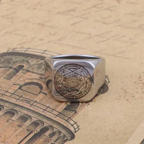 Vista 5 de Dacai The Seals of the Seven Arcángeles Protección Amuleto Seal Salomon Kabbalah Mens Womens Stainless Steel Polished Ring, Metal