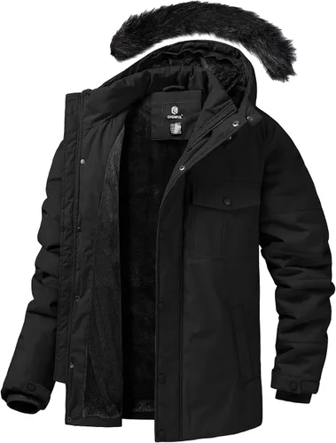 Vista 9 de CHEXPEL Abrigo de invierno para hombre, chaqueta de parka hinchada con capucha de piel, impermeable y resistente al viento, largo con forro polar