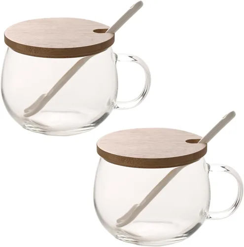 Vista 11 de TREEWOO Good MORNING - Taza transparente para café, postre, leche, té, yogur, juego de 2, vasos redondos de vidrio con asa con tapa de bambú