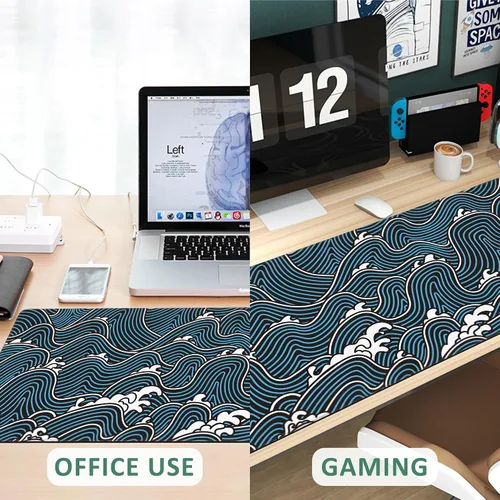 Vista 6 de Alfombrilla de mouse extendida para juegos, diseño abstracto de olas oceánicas, con bordes cosidos, base de goma antideslizante, alfombrilla