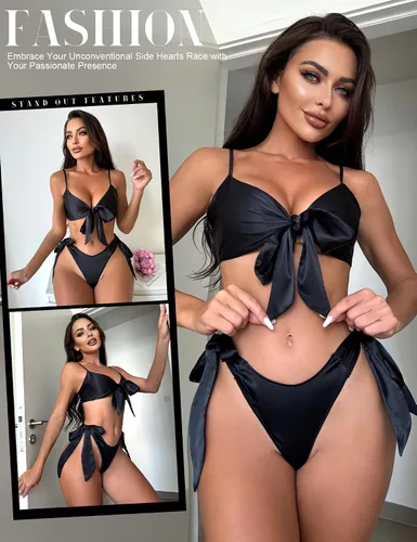 Vista 4 de RSLOVE Conjunto de lencería sexy de satén para mujer, conjunto de brasier y bragas de 2 piezas