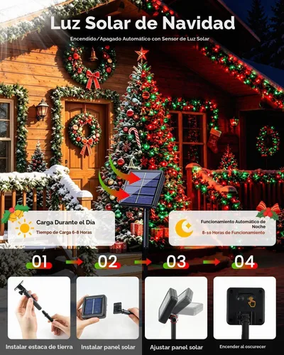 Vista 2 de OZS Paquete de 2 tiras de luces solares de 240 LED para exteriores, impermeables, luces solares para árbol de Navidad con 8 modos de iluminación