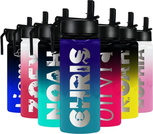 Vista 17 de Botella de agua personalizada para niños con tapa de popote en azul aguamarina degradado para la escuela, nombre personalizado para niños, 18 onzas