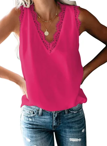 Vista 185 de VIISHOW - Camiseta sin mangas, sexy, con cuello en V y bordes de encaje para mujer, camisola de vestir, camisas de gasa, sin mangas, casuales