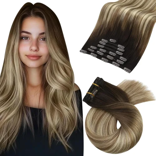 Vista 29 de Moresoo Extensiones de cabello humano con clip, balayage, color marrón oscuro a marrón dorado con clip, extensiones de cabello humano con clip, 5