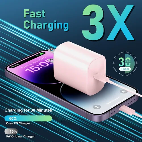 Vista 2 de DiHines Cargador rápido para iPhone 14, 13, 12, 11, cable Lightning de carga rápida de 10 pies de largo con bloque de cargador USB C de 20 W