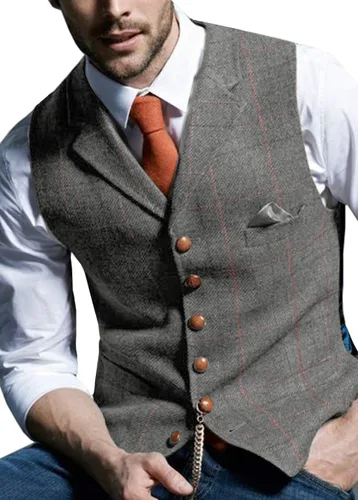 Vista 5 de Chalecos formales de tweed para hombre, chaleco a cuadros para boda, vintage, de lana, espiga retro