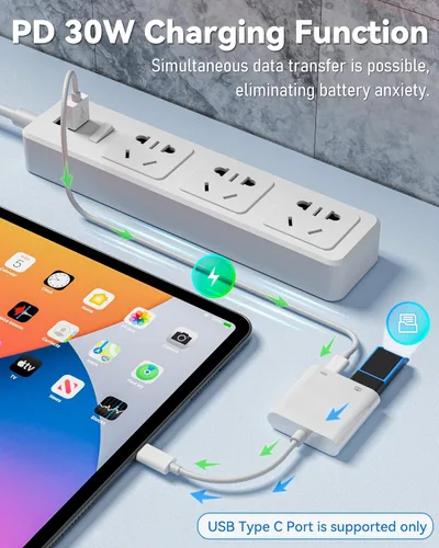 Vista 4 de Adaptador de cámara USB C a USB con puerto de carga PD de 30 W Cable OTG, compatible con iPhone 17/16/15 iPad Android, USB 3.0 hembra