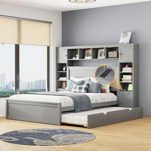 Vista 12 de Versátil cama de plataforma de madera tamaño Queen con armario y nido todo en uno, estante y enchufes, para niños, adolescentes y adultos, uso