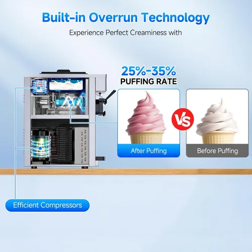 Vista 2 de Máquina de Helado de Servicio Suave, Rendimiento de 28 QT/H, 2450W, Máquina de Helado Comercial de Encimera con Tolva de 2x6L, 3 Dispensadores