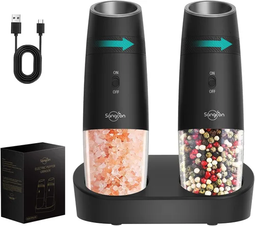 Vista 11 de Sangcon Gravity - Juego de molinillo eléctrico de sal y pimienta con agitador automático, molinillo con luz LED, FUNCIONA CON BATERÍAS, grosor