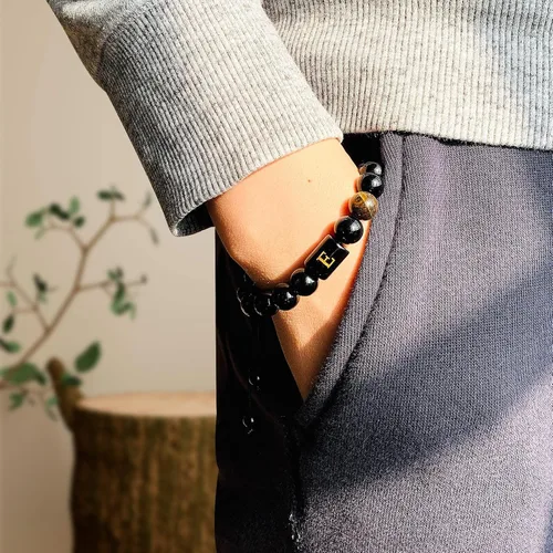 Vista 27 de SUMMER LOVE Regalos para el Día del Padre, pulsera con inicial de piedra de ónix negro de 0.394 pulgadas para hombres, pulsera de cuerda trenzada