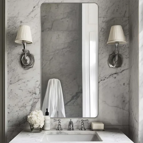 Vista 43 de ANDY STAR Espejo de pared cuadrado para baño, espejo de baño negro mate de 24 x 24 pulgadas, espejo de metal de esquina redondeada en marco de acero