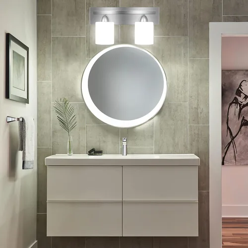Vista 7 de PARTPHONER - Accesorio de iluminación para tocador de baño - Sobre espejo - Soporte de vidrio moderno - Níquel cepillado, base E26, 2 luces