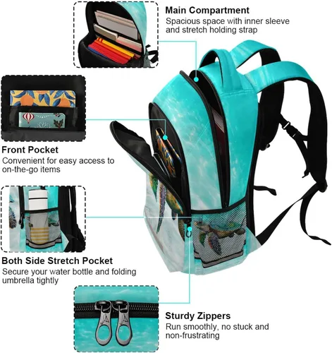 Vista 3 de Mochila para niños y niñas, mochila de viaje con flores de caballo blanco, mochila de escuela primaria para niños y niñas, tortuga marina, Mochilas