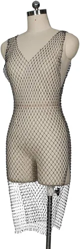 Vista 5 de FlyCC Vestido de playa sexy de malla transparente para mujer, sin mangas, con diamantes de imitación