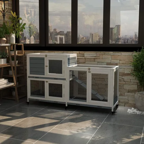 Vista 7 de GDLF - Conejera de 58 pulgadas, jaula de conejito interior con ruedas y bandeja de limpieza 58"L x 17.8"W x 34.6"H, 2-Level Design with Wheels
