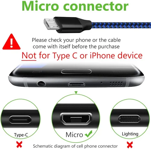 Vista 2 de Cable micro USB, paquete de 3 cables de carga Android de 10 pies, cable largo de nailon trenzado de sincronización y carga rápida compatible