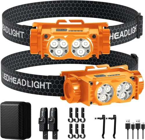 Vista 10 de Linterna frontal recargable, 2 unidades, 4500 L, luz súper brillante, LED, recargable con luz blanca, lámpara de cabeza impermeable con diadema