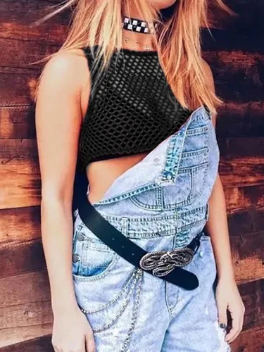 Vista 6 de Hilinker Camiseta corta sin mangas de malla transparente para mujer
