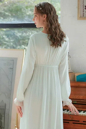 Vista 4 de ASHER FASHION Camisón victoriano vintage de manga larga con encaje y cuello en V, ropa de dormir de algodón