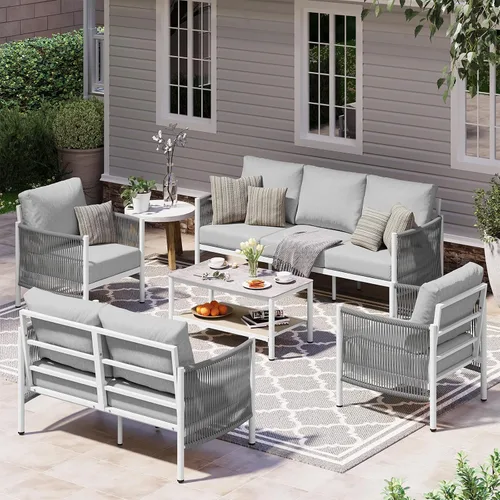 Vista 13 de Sofá de dos plazas de aluminio para patio exterior, sofá de patio de cuerda HDPE con cojín grueso lavable, muebles de patio para todo tipo de clima
