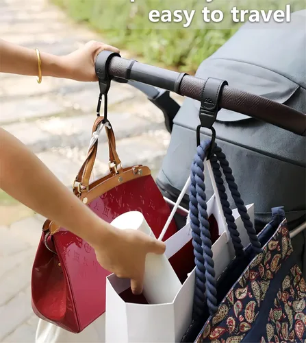 Vista 4 de Ganchos para cochecito de bebé, ganchos para colgar bolsas de pañales, ganchos multiusos para bolsas de compras de comestibles, correas de cuero