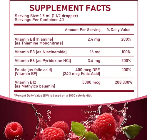 Vista 4 de Complejo de vitamina B12 con suplemento líquido de frambuesa B1, B6, vitamina B12, vitamina esencial 5 en 1 complejo de vitamina B, función