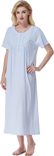 Vista 14 de Keyocean - Camisón de manga corta para mujer, 100 % algodón, suave, cómodo, ligero, con encaje, para verano, ropa de dormir Floral azul