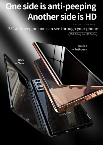 Vista 4 de Funda antiespía para Galaxy Note 20 de 360°, vidrio templado transparente de doble cara [absorción magnética] protección de parachoques de metal