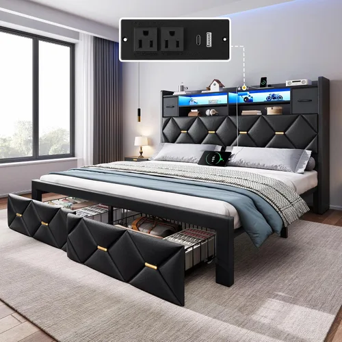 Vista 14 de YITAHOME Cama tapizada de terciopelo blanco tamaño King con carga