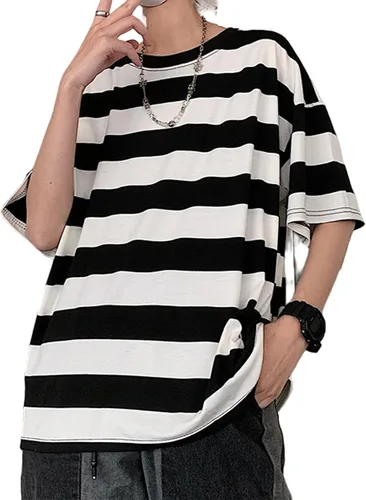 Vista 8 de Camiseta Harajuku de gran tamaño a rayas de manga larga con cuello redondo para mujer NegroGris