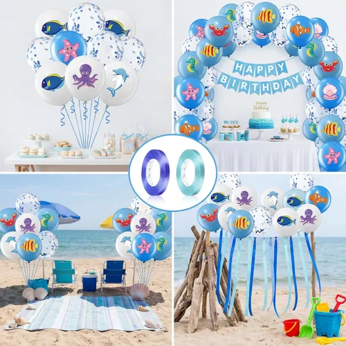 Vista 6 de Aoriher 50 globos de animales marinos para decoración de fiesta bajo el mar, fiesta de cumpleaños, globos de látex, tema oceánico para criaturas