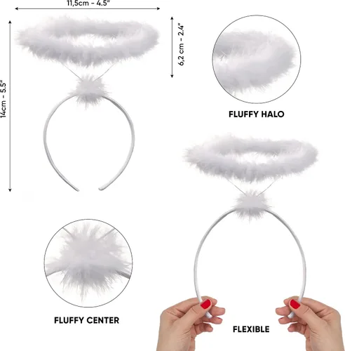 Vista 2 de Funcredible Diadema con halo de ángel blanco, halo emplumado, diadema de Halloween, accesorio de disfraz de ángel, para mujeres, hombres y niños