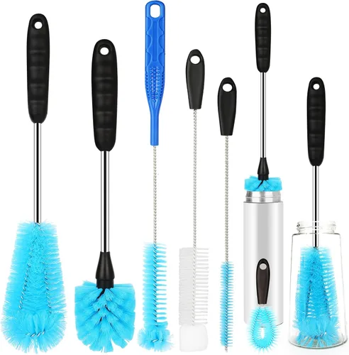 Vista 8 de Juego de 5 cepillos de limpieza de botellas, cepillo de limpieza con mango de acero inoxidable de 35.56 cm de largo y 3 cepillos para pajitas