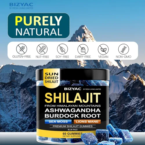 Vista 5 de Gomitas Shilajit orgánicas para hombres y mujeres con musgo marino y ashwagandha – 100% extracto del Himalaya con más de 105 minerales traza, raíz