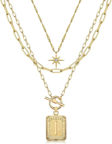 Vista 48 de MJartoria Collares con iniciales en capas para mujer, modernos, chapados en oro de 14 quilates, cadena de papel, collar sencillo con dije de Dorado