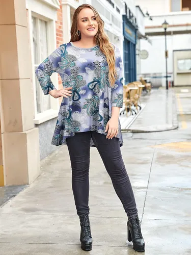 Vista 3 de LARACE playera túnica alta y baja para mujer, talla grande, manga 34, ajuste holgado, swing básico