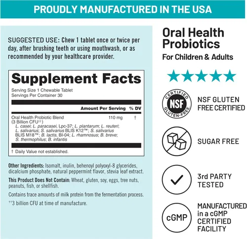 Vista 6 de NatureWise Probióticos orales para el mal aliento bucal, menta masticable sin azúcar, Lactobacillus reuteri masticable, probióticos orales