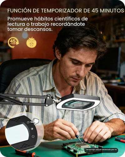 Vista 8 de Lupa redonda de 10 veces con luz y soporte, lámpara de escritorio con luz LED 2 en 1 y abrazadera, 5 modos de color regulable continuo, lámpara