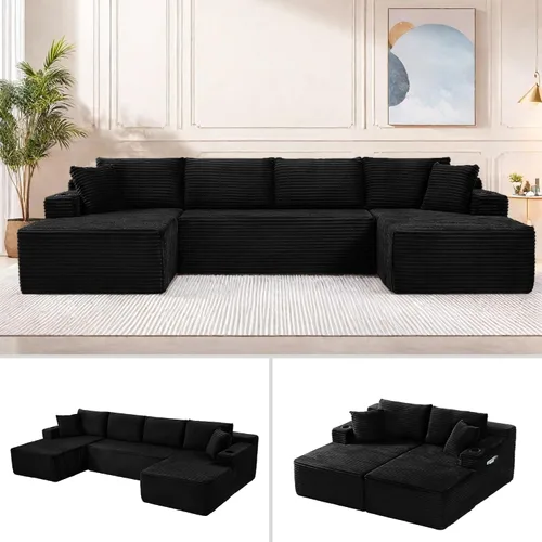 Vista 15 de Sofá cama modular en forma de U de 141.73 pulgadas, sofá de pana modular 6 en 1 con sensación suave como una nube, bolsa de almacenamiento