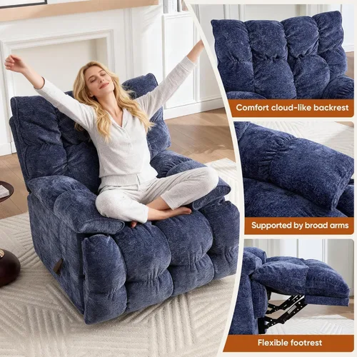 Vista 4 de Silla reclinable giratoria de gran tamaño, reclinable mecedora extra ancha Azul