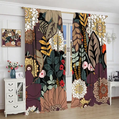 Vista 4 de Cortinas de hojas de otoño de mediados de siglo, cortinas opacas con aislamiento térmico y bolsillo para barra, 2 paneles de 45 pulgadas de largo x