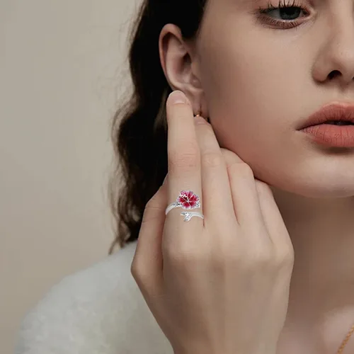 Vista 6 de Anillo de hibisco Anillo de flor hawaiana con joyería de hibisco de plata de ley ajustable abierta para mujer, talla 7