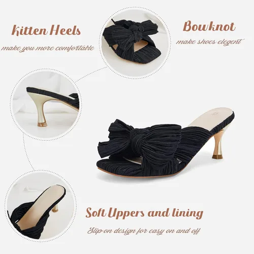 Vista 7 de Coutgo Sandalias de tacón con lazo para mujer, tacones plisados con lazo, puntera cuadrada abierta, lindos tacones de gatito, zapatos de vestir
