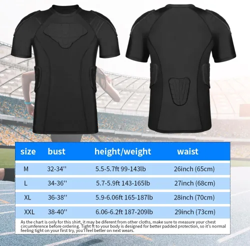 Vista 5 de TUOY New Football Rib Chest Protector Shirt Padded Compression Shirts 6 Pads Adult Sizes Dark Black