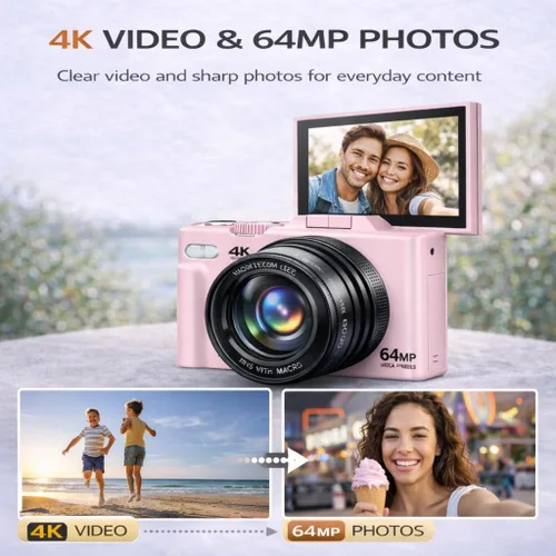 Vista 2 de Cámara digital 4K 64MP Vlogger Essentials Kit con trípode flexible, funda de transporte, lente gran angular, pantalla abatible de 180°, WiFi, zoom