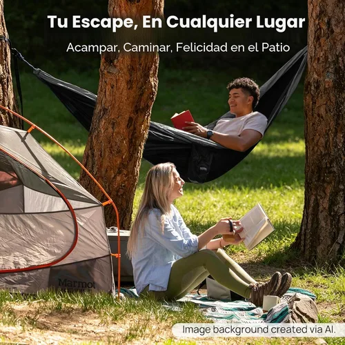 Vista 6 de Kootek - Hamaca portátil doble e individual con 2 correas para árboles, de nailon ligero de paracaídas para mochileros, viajes, playa, patio, Negro